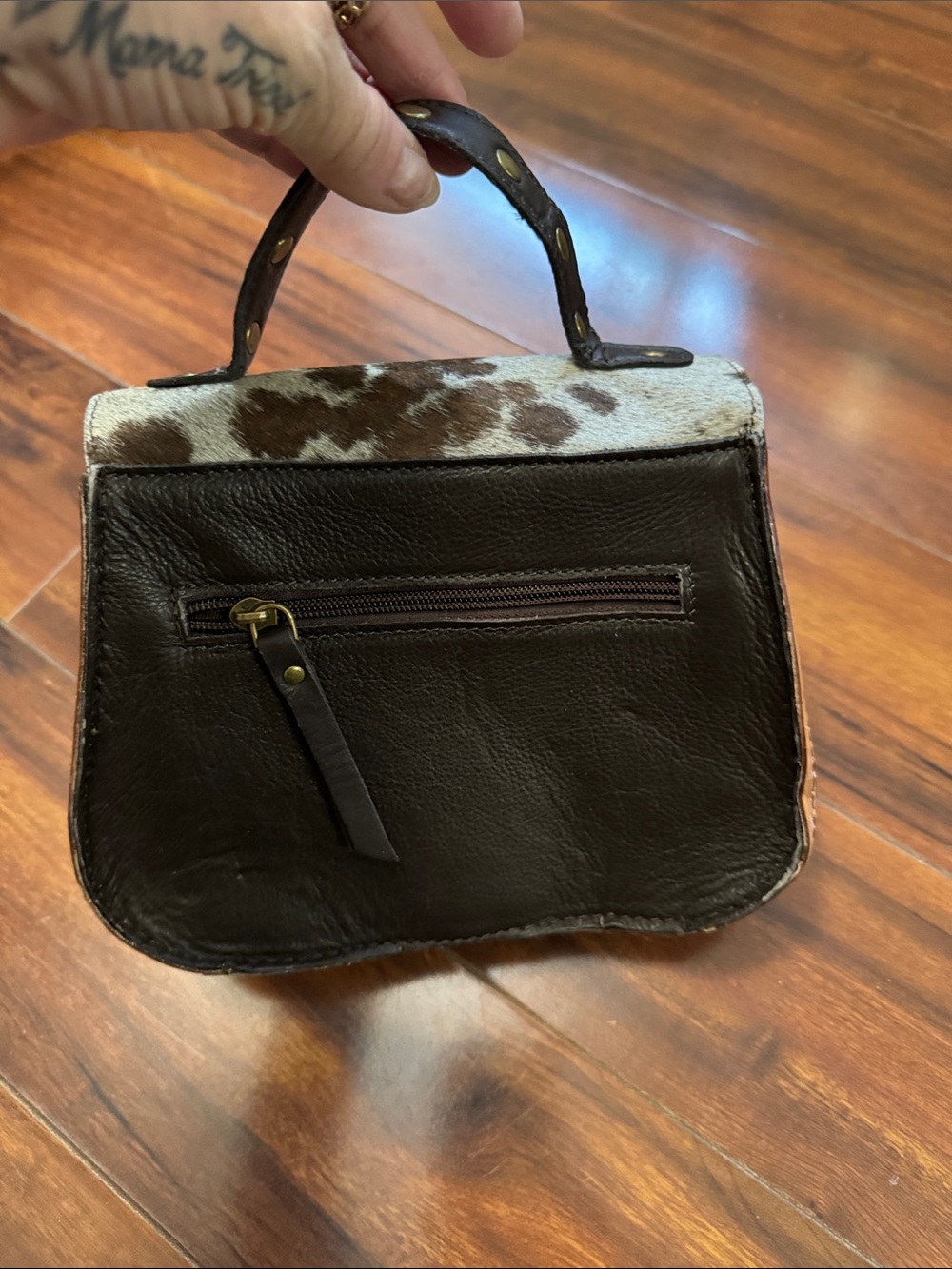 Cowhide Top-Handle Satchel in Brown and White - Picture 4 of 7